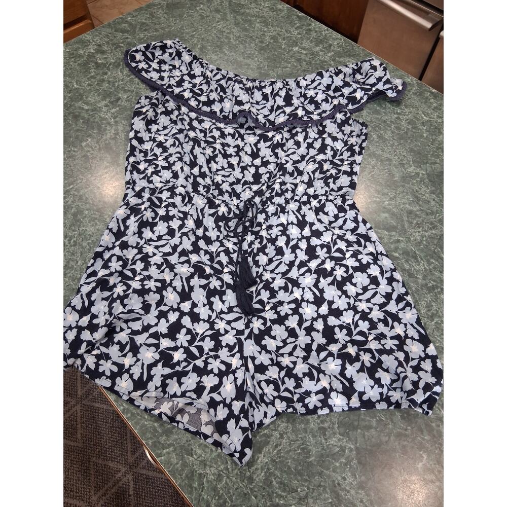 BCX Blue White Floral Romper Ruffle Sz XL Off The Shoulder Beachy Coastal Boho